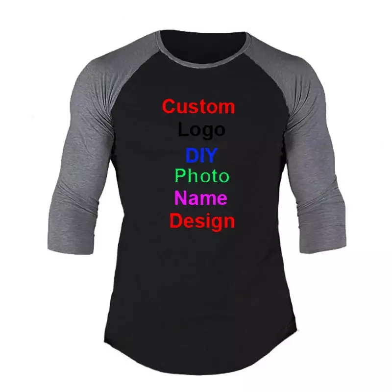 Customized DIY Brand Logo Autumn Fashion Three Quarter Sleeve Fitness T-shirt Men Patchwork O-neck Gym T shirts Slim Tee Shirts
