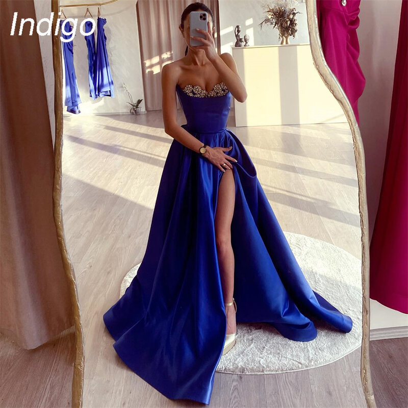 Атласные платья цвета индиго для выпускного вечера без бретелек, а-силуэт, бальное платье с высоким разрезом, деловое платье для женщин, платья 2024