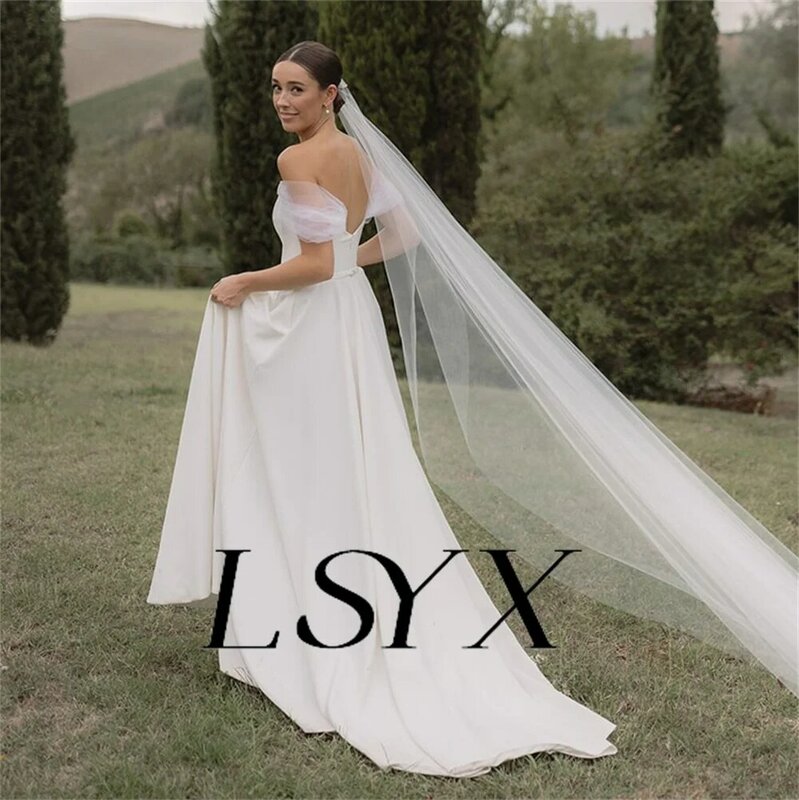 Lsyx von der Schulter einfache Falten Brautkleid für Frauen elegante Reiß verschluss zurück a-Linie Gericht Zug Brautkleid nach Maß