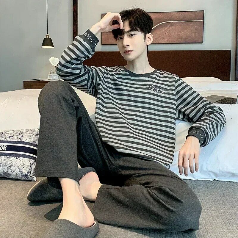New Men's Pajamas Cotton Long Sleeved Pants Set Simple and Loose Fitting Casual Youth Home Wear in Spring and Autumn and Winter