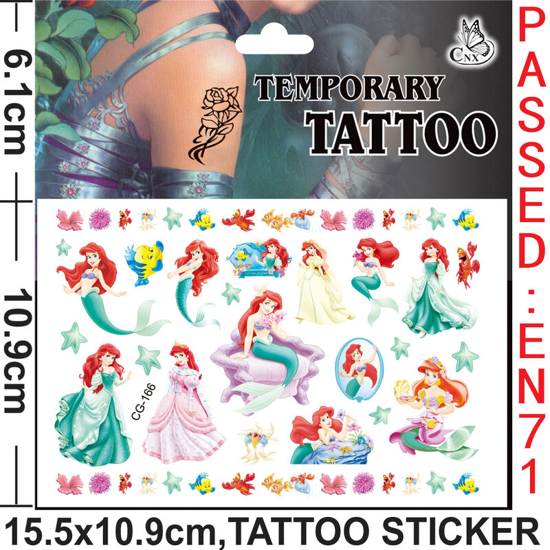 Disney Princess Tattoo Stickers for Kids, Ariel, Aurora, Desenhos animados, Impermeável, Temporário, Meninas, Birthday Gift, Aleatório, 2pcs