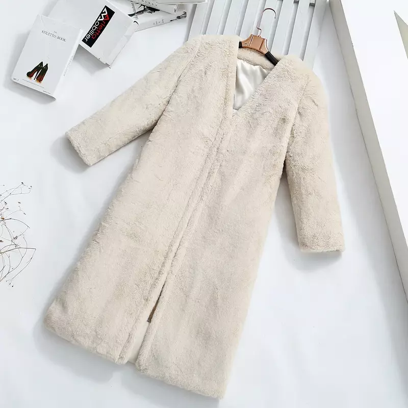 Cappotto autunnale e invernale, cappotto di pelliccia di coniglio in pelliccia sintetica, giacca a vento in peluche calda Casual e alla moda lunga al ginocchio