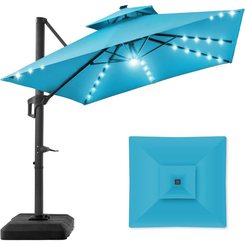 10x10ft 2-Tier Square Cantilever Patio Umbrella with Solar LED Lights, Offset Hanging Outdoor Sun Shade