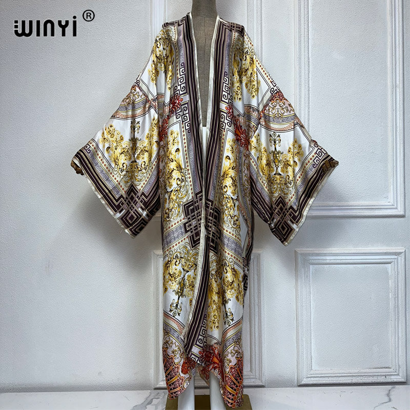 Платье-кимоно WINYI женское с принтом в стиле бохо, элегантный кардиган, пляжная одежда для отдыха, роскошная пляжная одежда в африканском стиле, Дубай