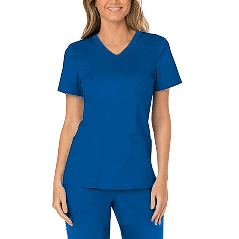 Blus Atasan Perawatan Wanita Atasan Lengan Pendek Kerah V Saku Perawatan Pekerja T-Shirt Atasan Aksesoris Perawatan Baru Mainframes Clinicos Mujer