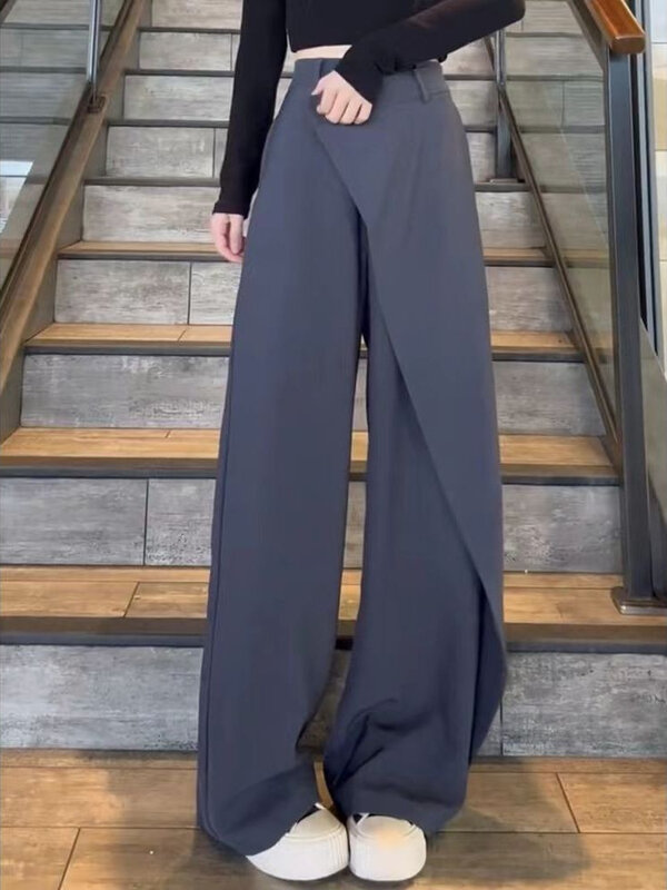 Calças irregulares para mulheres, comprimento total, sólido, perna larga, calça reta, moda casual, 2023