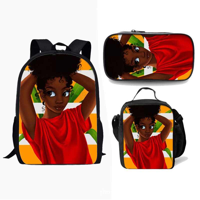 Mochila clásica con estampado 3D para niña africana, mochilas escolares para pupilas, mochila para portátil, bolsa de almuerzo, estuche para lápices, novedad negra, 3 unids/set