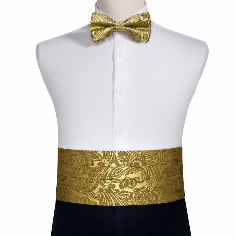Роскошный Золотой Cummerbund мужской свадебный подарок высокое качество шелк Пейсли галстук-бабочка носовой платок Запонки Наборы для официальной вечеринки Barry.Wang