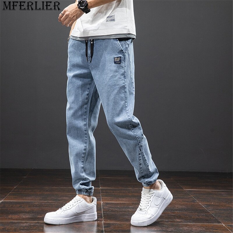 Calça jeans de cintura elástica casual masculina, jeans, calça monocromática, tamanho grande 8XL, na moda, plus size 8XL