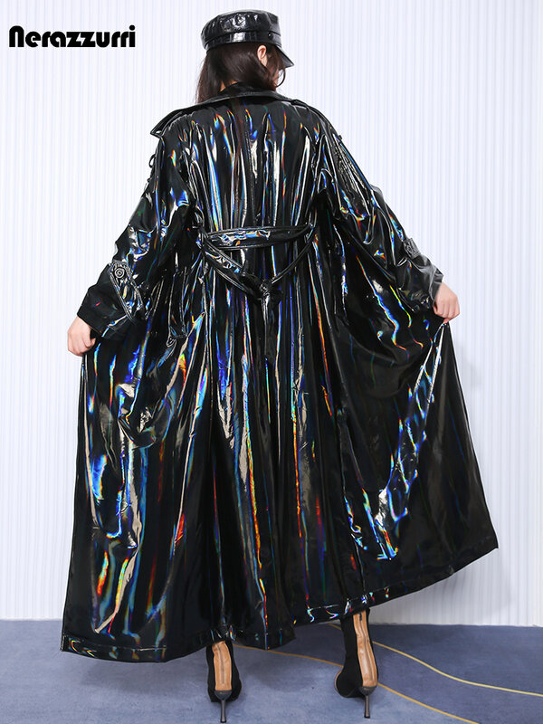 Nerazzurri Herfst Extra Lange Zwarte Holografische Reflecterende Rekbare Zachte Pvc Lederen Trenchcoat Voor Vrouwen Europese Mode