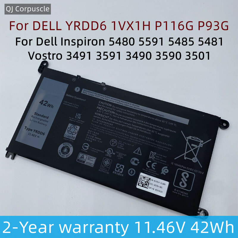 Новый аккумулятор YRDD6 42 Вт для Dell Inspiron 5481 5482 5485 5491 5591 5485 Vostro 5585 5480 3491 3591 3490 1VX1H P116G P93G