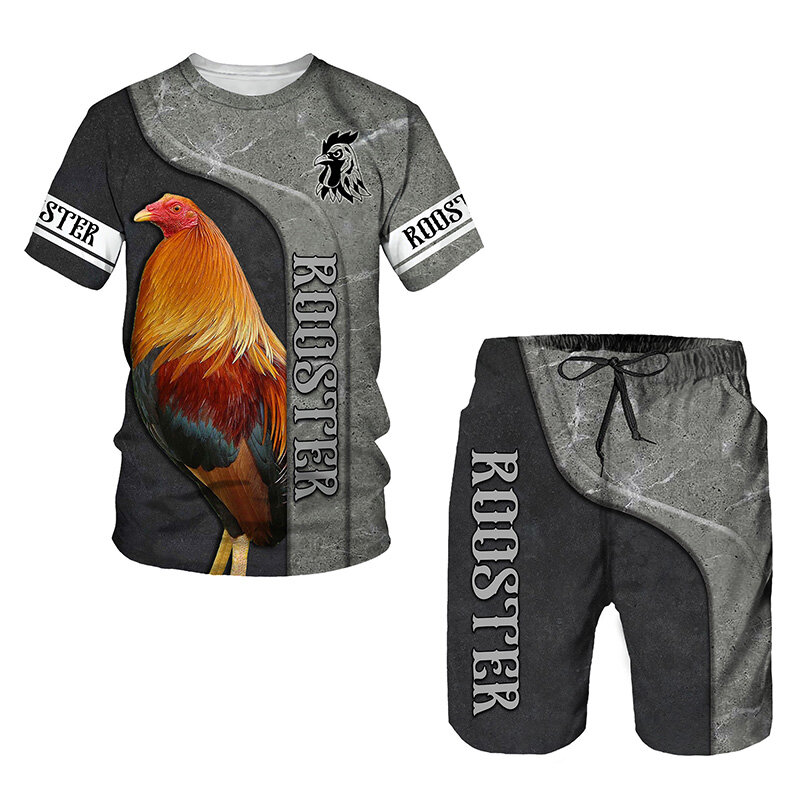수탉 사냥 여름 남성용 3D 프린트 티셔츠 및 반바지 세트, 수탉 동물 반팔, 2 피스 오버사이즈 슈트