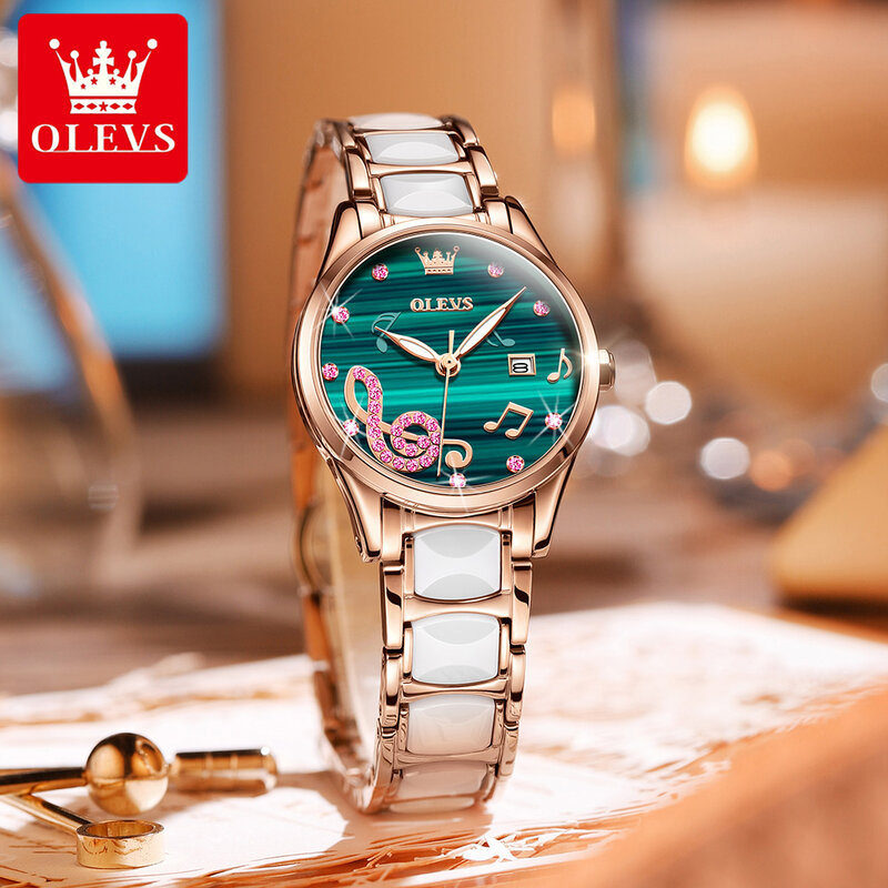 OLEVS 럭셔리 다이아몬드 쿼츠 시계, 여성용 패션 세라믹 팔찌 시계, 방수 야광 달력 손목시계