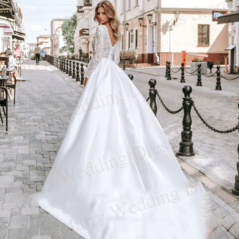 Gaun pernikahan A-Line menawan populer gaun pengantin leher V rendah seksi renda Satin lengan penuh punggung terbuka belahan tinggi untuk pesta Formal