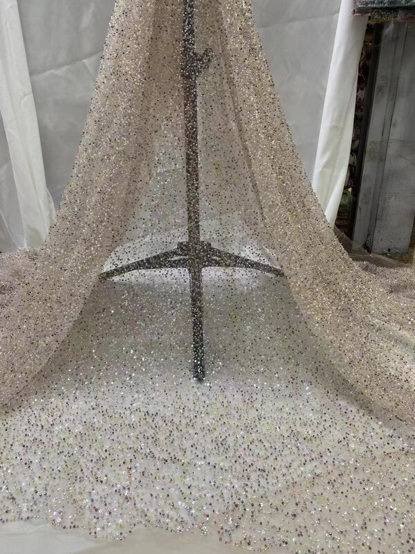 Luxury Nigerian African tube beads Lace Fabric High Quality Sequins Tulle Dubai Mesh Net Lace Fabric for Party Dress Women Cloth