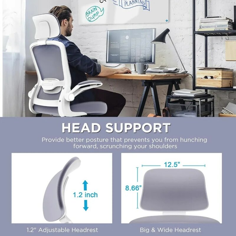 Mimoglad 사무실 의자, 허리 지지대 및 머리 받침대가 있는 하이 백 인체 공학적 책상 의자, 회전 작업 의자
