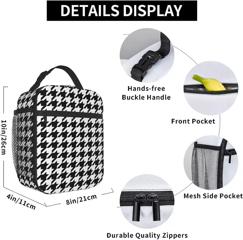Black and White Houndstooth Lunch Bag Thermal Tote Meal Bag Reusable Insulated Portable Lunch Box Handbags for Work Picnic