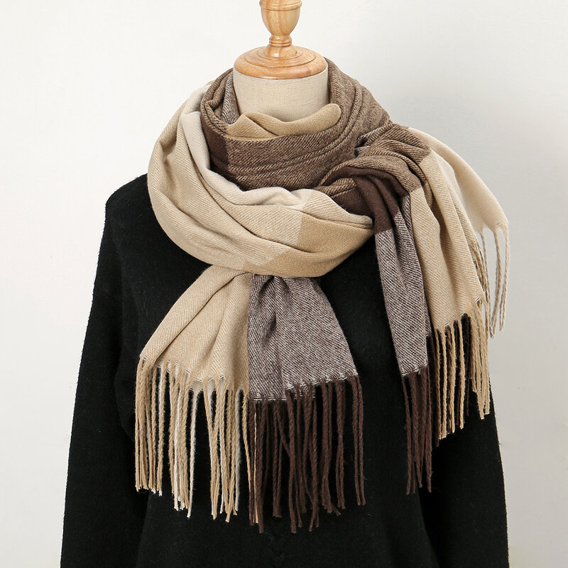Зимний кашемировый шарф 2022, женские толстые теплые шали из пашмины, шарфы в клетку, женское одеяло с кисточками, хиджаб