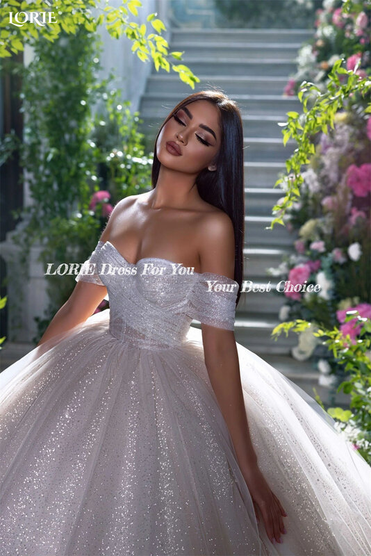 LORIE 반짝이는 얇은 명주 그물 웨딩 드레스, 오프숄더 반짝이는 푹신한 플리츠 무도회 신부 가운, 반짝이는 볼 미인 대회 2022 신부 드레스