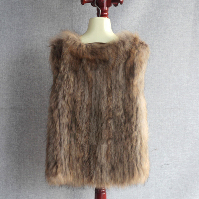 Moda de malha de pele de guaxinim coletes inverno feminino casacos peludos colete de pele natural gilets feminino sem mangas