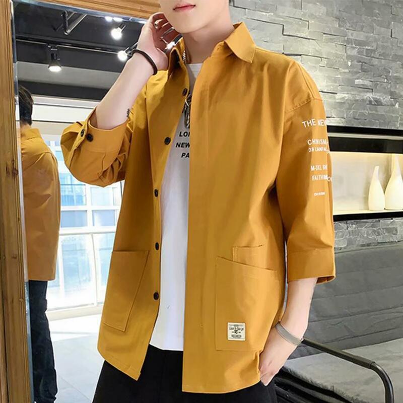 Camisa de verano y primavera para hombre, cárdigan suelto de un solo pecho con bolsillo, solapa de Color sólido, camisa de trabajo informal japonesa, chaqueta