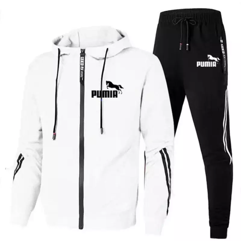 Setelan olahraga joging bertudung pria, jaket hoodie dan celana olahraga motif kasual 2 potong musim gugur musim dingin untuk pria