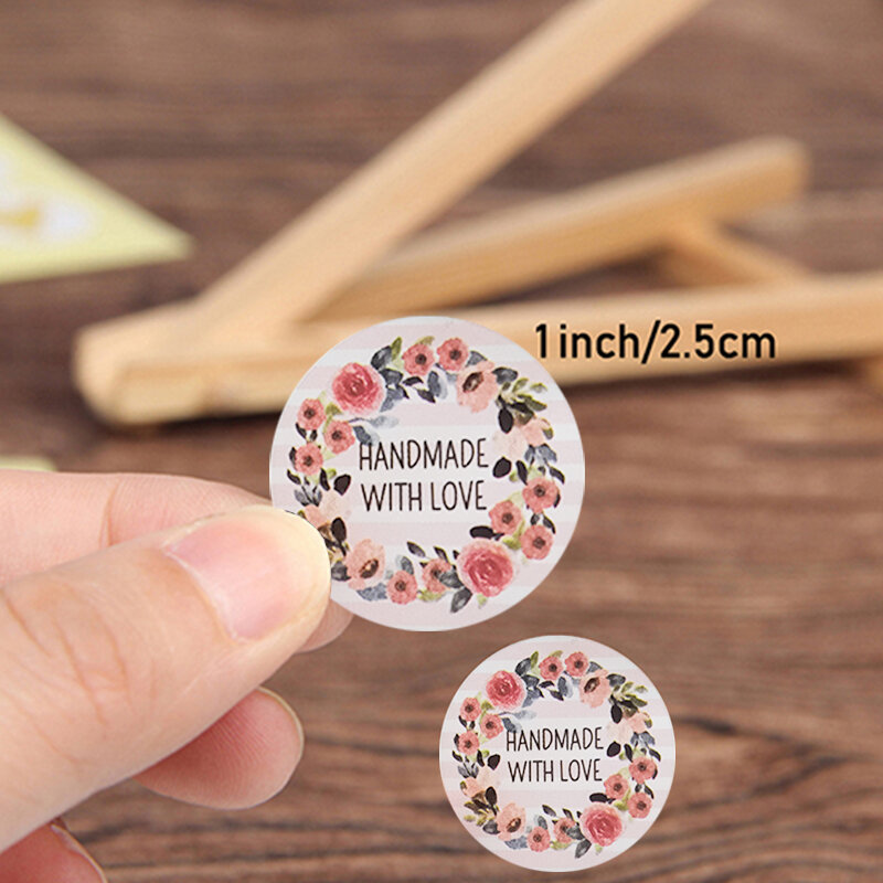 100-500pcs Flower Handmade with Love Stickers for Small Business Packaging Baking Label Envelope Seals Wedding Decor Stationery