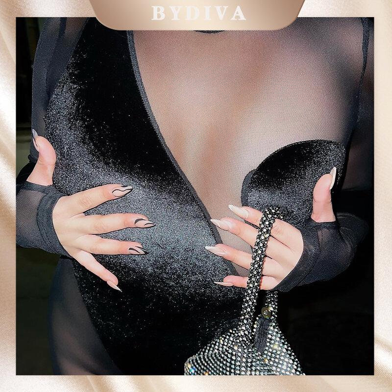 Bydiva – combinaison en tissu polaire pour femmes, combinaison en Patchwork, body pour femmes, transparent, fente latérale asymétrique, Sexy, salopette de soirée de rue
