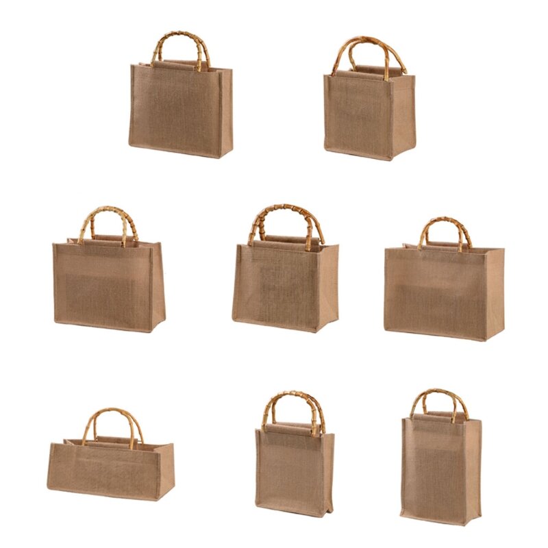 Портативная Джутовая сумка для покупок, сумка с бамбуковыми ручками, многоразовая сумка-тоут X7YA для продуктов