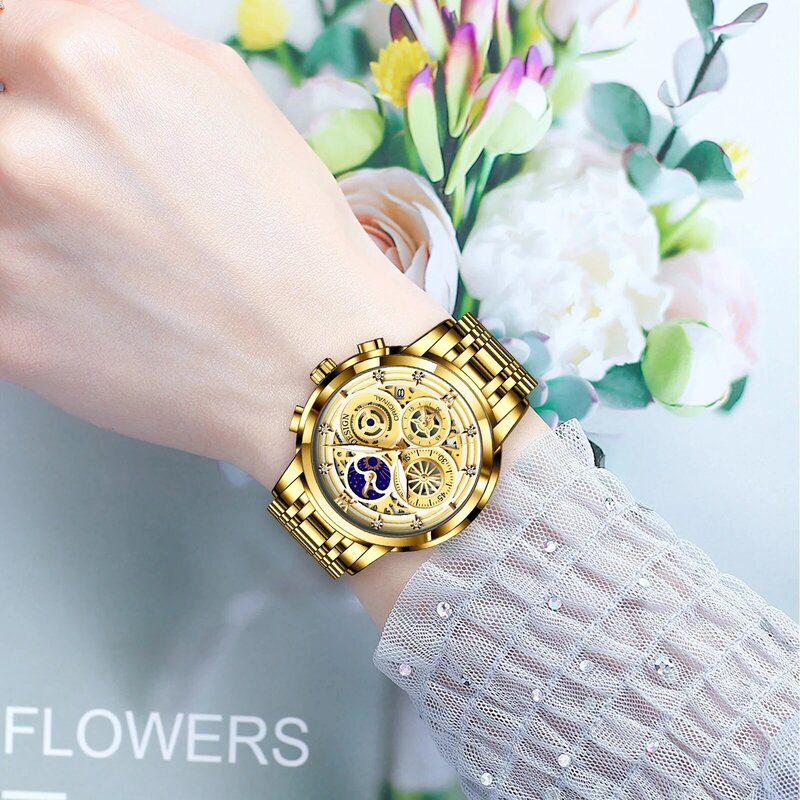 LIGE jam tangan wanita emas, arloji gelang baja kreatif tahan air 2023 untuk perempuan