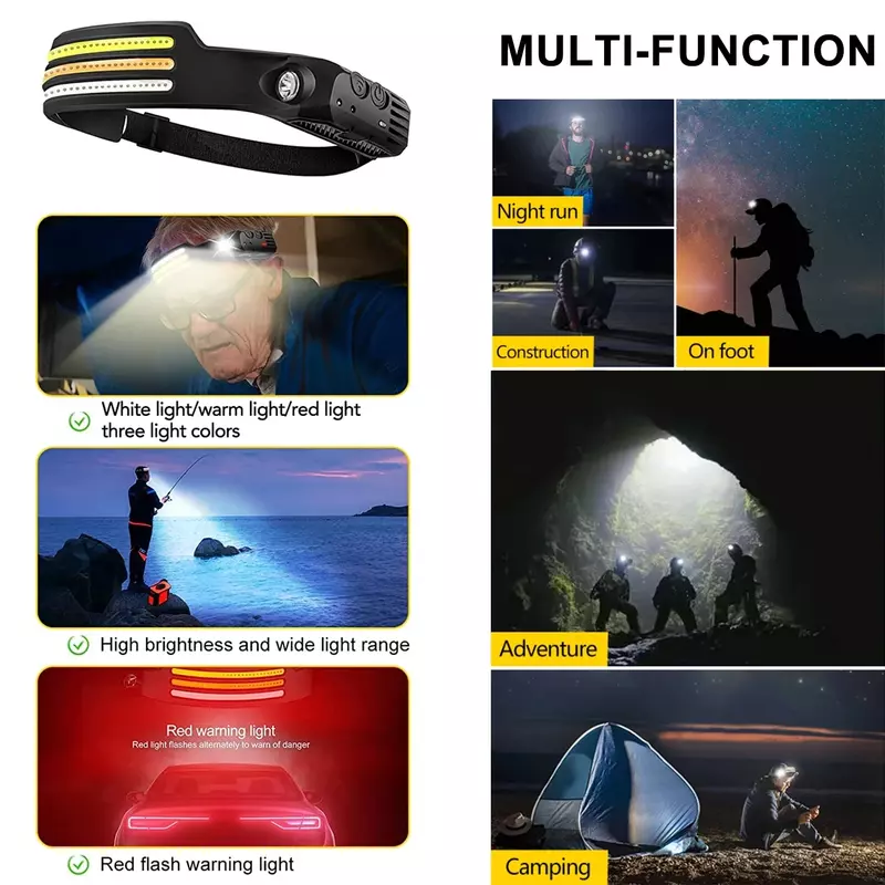 USB 충전식 LED 센서 손전등, XPE + COB 토치, 캠핑 방수 헤드라이트, 낚시 랜턴, 6 가지 스타일 헤드램프