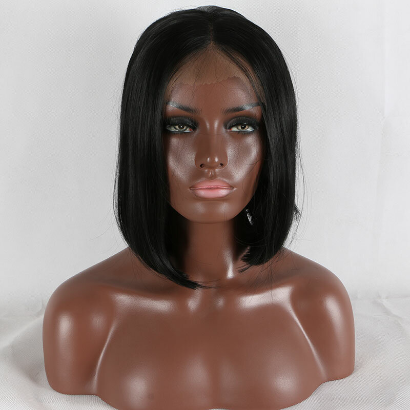 Cabelo sintético preto curto e reto para mulheres negras, perucas dianteiras do laço, Bob, sem cola, resistente ao calor, fibra, cabelo para usar, 13x4