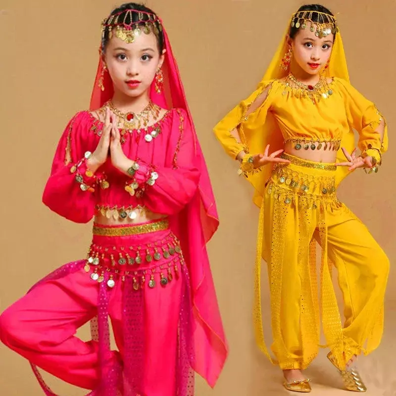 Disfraces de danza del vientre para niñas, conjunto de 4 piezas, Oriental, indio, para baile de escenario, camisa superior, bufanda para la cabeza, cadena para la cintura y pantalón