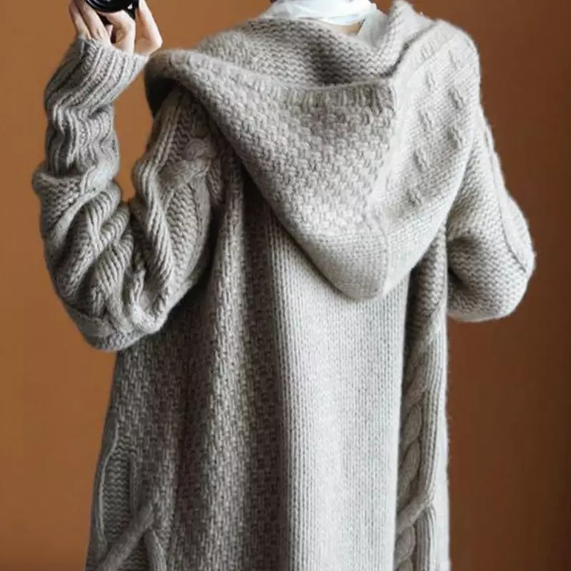 Kobieta rozpinany sweter długie topy jesień zima 2021 nowy dzianinowe kurtki luźny czarny płaszcz z kapturem Vintage długi sweter Boho