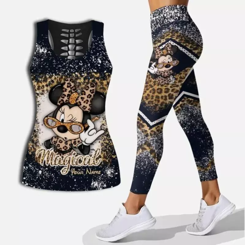 New Minnie Mickey Women's Hollow Vest Women's Leggings Yoga Suit Fitness Leggings Sports Suit Disney Tank Top Legging Set Outfit