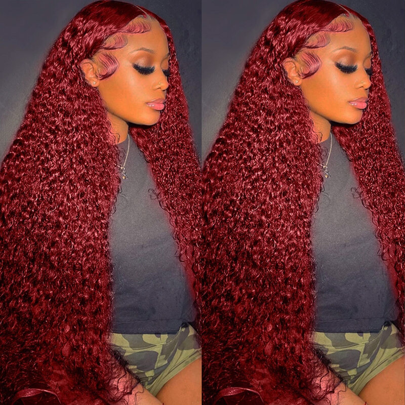 Peluca Frontal de encaje HD, cabello humano rizado completo, color rojo, 13x6, 30, 32, 34, 99j, Borgoña 360, 13x4