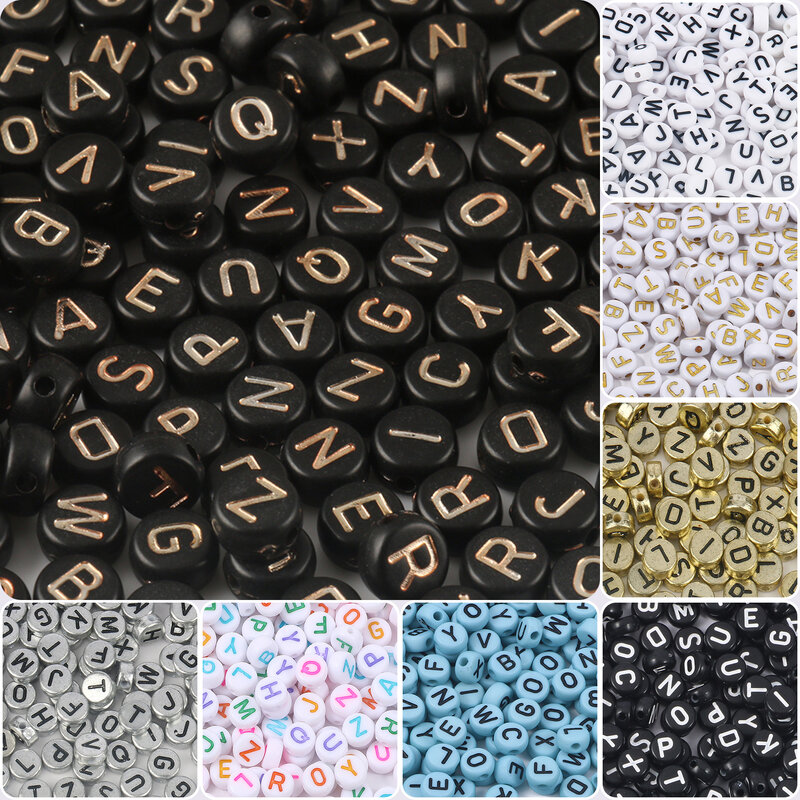 100/200 Buah Manik-manik Huruf Putih Hitam Bulat Emas Warna Perak Akrilik Alfabet Manik-manik untuk Perhiasan Gelang Kalung Gantungan Kunci DIY