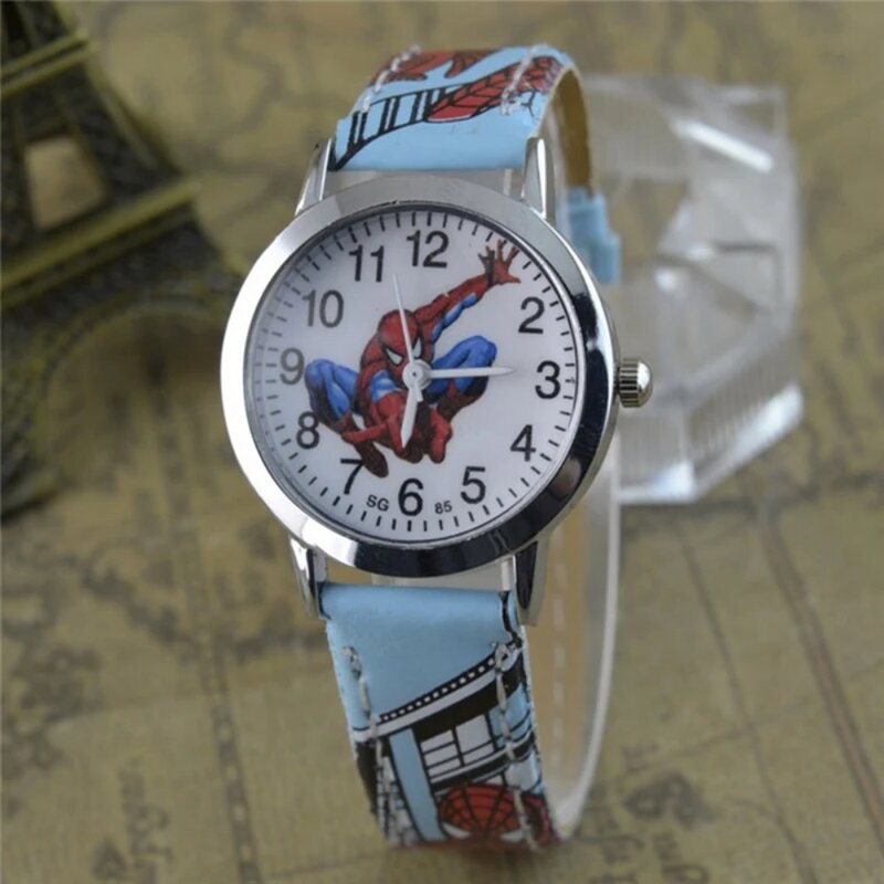 Jam tangan kartun anak-anak Spiderman jam tangan Quartz anak tali kulit jam tangan anak terbaik jam tangan pria tahan air hadiah anak laki-laki