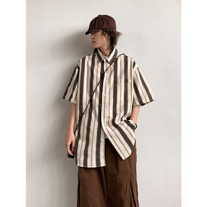Japanese Short-sleeved Shirt Men Women Striped Single-breasted Baggy Half-sleeve Tops Summer Casual Oversize Unisex T-shirt 2024