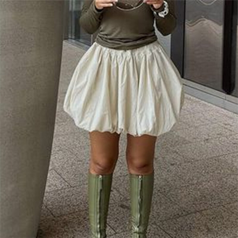 Kobiety Y2K spódnica bąbelkowa damska marszczona spódnica Mini latarnia na co dzień dopasowana elastyczna talia jednolity kolor spódnica Puffball Streetwear