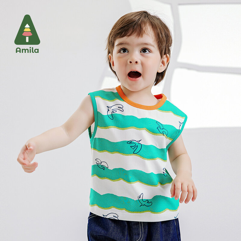 Amila-Camiseta deportiva de algodón para niños, chaleco sin mangas a rayas con contraste de Color, estampado de dibujos animados, novedad de verano 2024