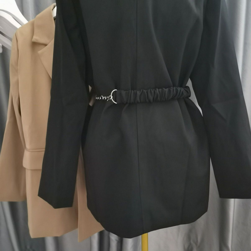 Manteau blazer à boutonnage simple pour femmes, manches longues, ceinture en métal, vêtements pour femmes, mode coréenne, nouveau, 2023