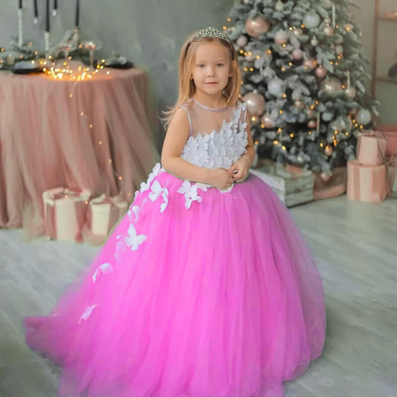 3d Butterfly Flower Girl Dress For Wedding Floor Length Tulle senza maniche Puffy Applique Kids Birthday Party Princess Ball Gowns