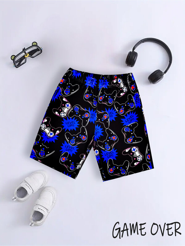 2 stücke Jungen Mode cool lässig Lounge wear Pyjama Set Gamepad Muster Druck Kurzarm Pullover Top Allover Print Shorts Stoff