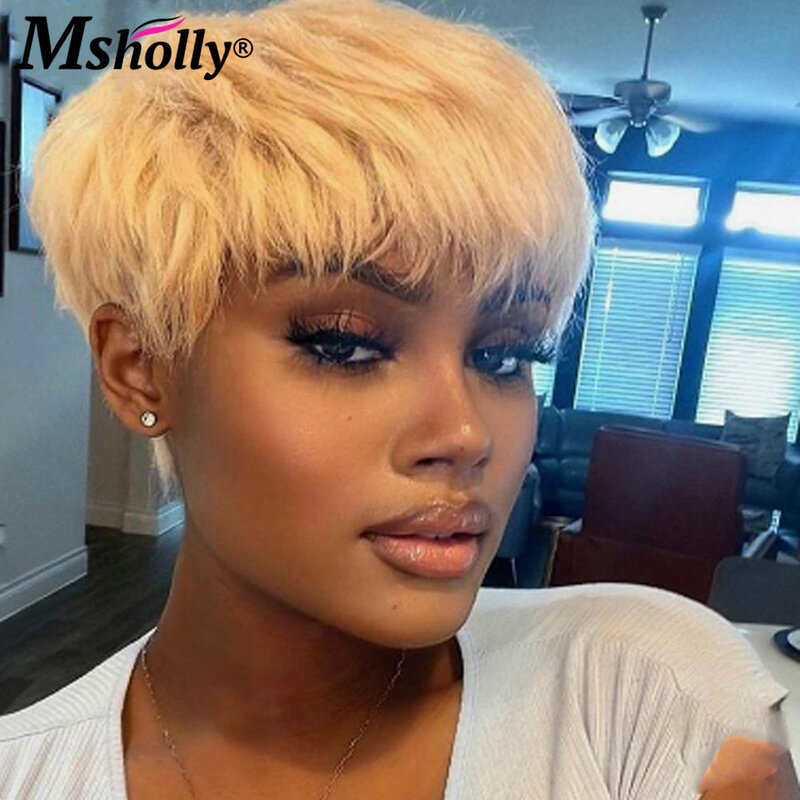 Short Pixie Cut Straight Wig 613 Blonde Colored Malaysian Brazilian Human Hair Wigs Glueless Wear and Go Remy Hair for Women