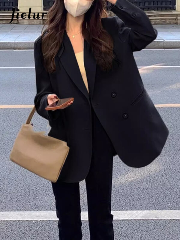 Jielur-Blazers negros clásicos para mujer, chaqueta holgada informal con bolsillos, botones, Color sólido, doble botonadura, moda de otoño