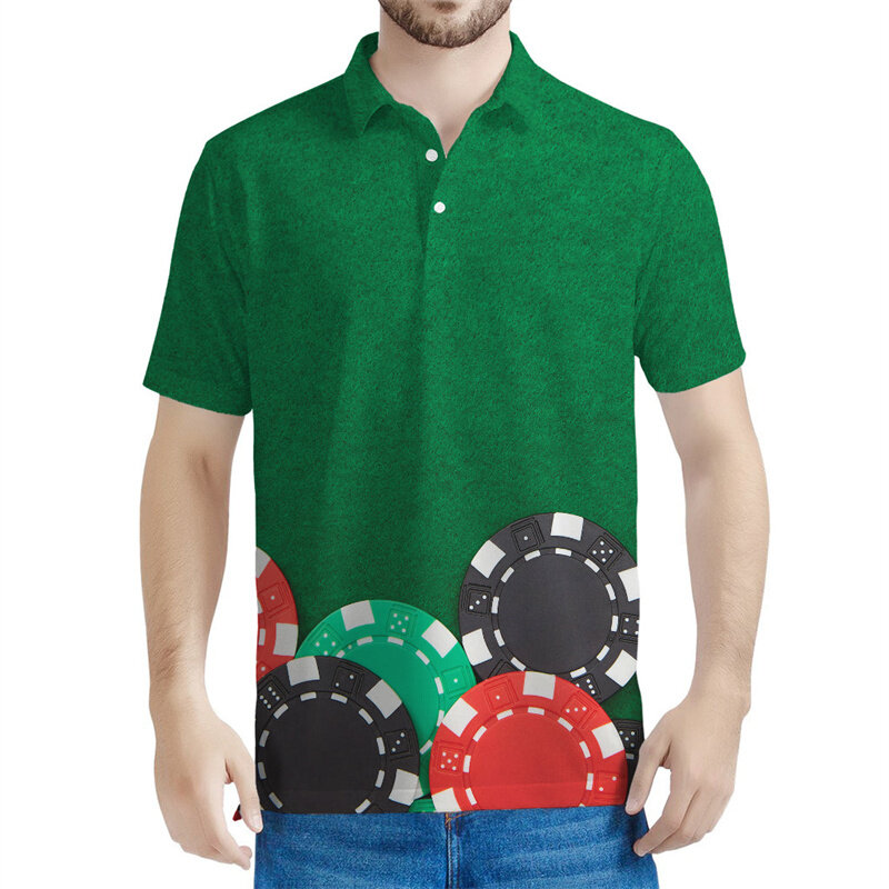 남성용 카지노 칩 패턴 폴로 셔츠, 3D 프린트 포커 라펠 티셔츠, 여름 스트리트 반팔 상의, 단추 루즈 티, 패션