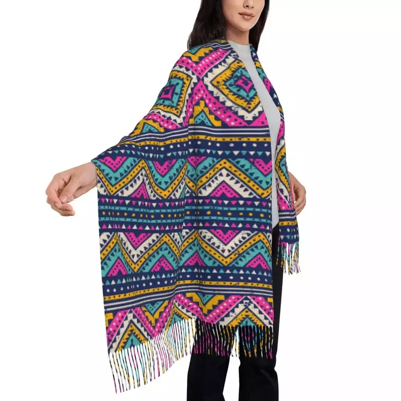 Xaile tribal sem costura padrão para mulheres, lenço abstrato extravagante, Tassel asteca, moda tribal