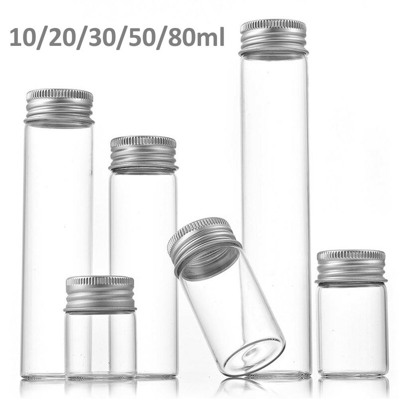 Botella de vidrio transparente con tapa de rosca de aluminio, frascos pequeños, viales rellenables vacíos, contenedor de cosméticos de muestra, Kit de viaje, 10/20/30/50ml