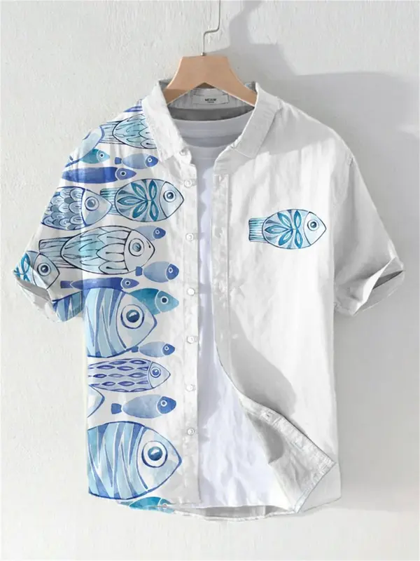 Vintage 3D peixe impressão camisa havaiana, manga curta lapela botão acima do cardigã, mistura de linho, confortável, casual, arte japonesa